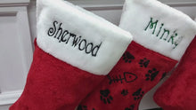 Red white plush embroidered Christmas stocking - Personalized Embroidered Family Kids Dog Cat Pet Paw Stockings - traditional red and white Christmas Stockings