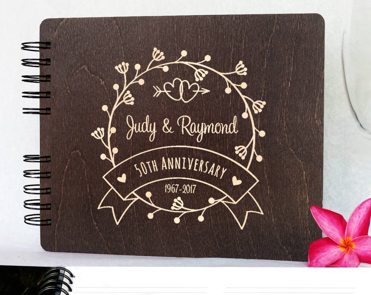 ANNIVERSARY GIFTS Burnt Cocoa 8.5 x 7 / 80 Pages Ivory Blank Wedding Anniversary Guestbook Personalized Wooden Guest Book Made in USA  50th Anniversary 60th Anniversary 25th 20th 5th 30th Gift