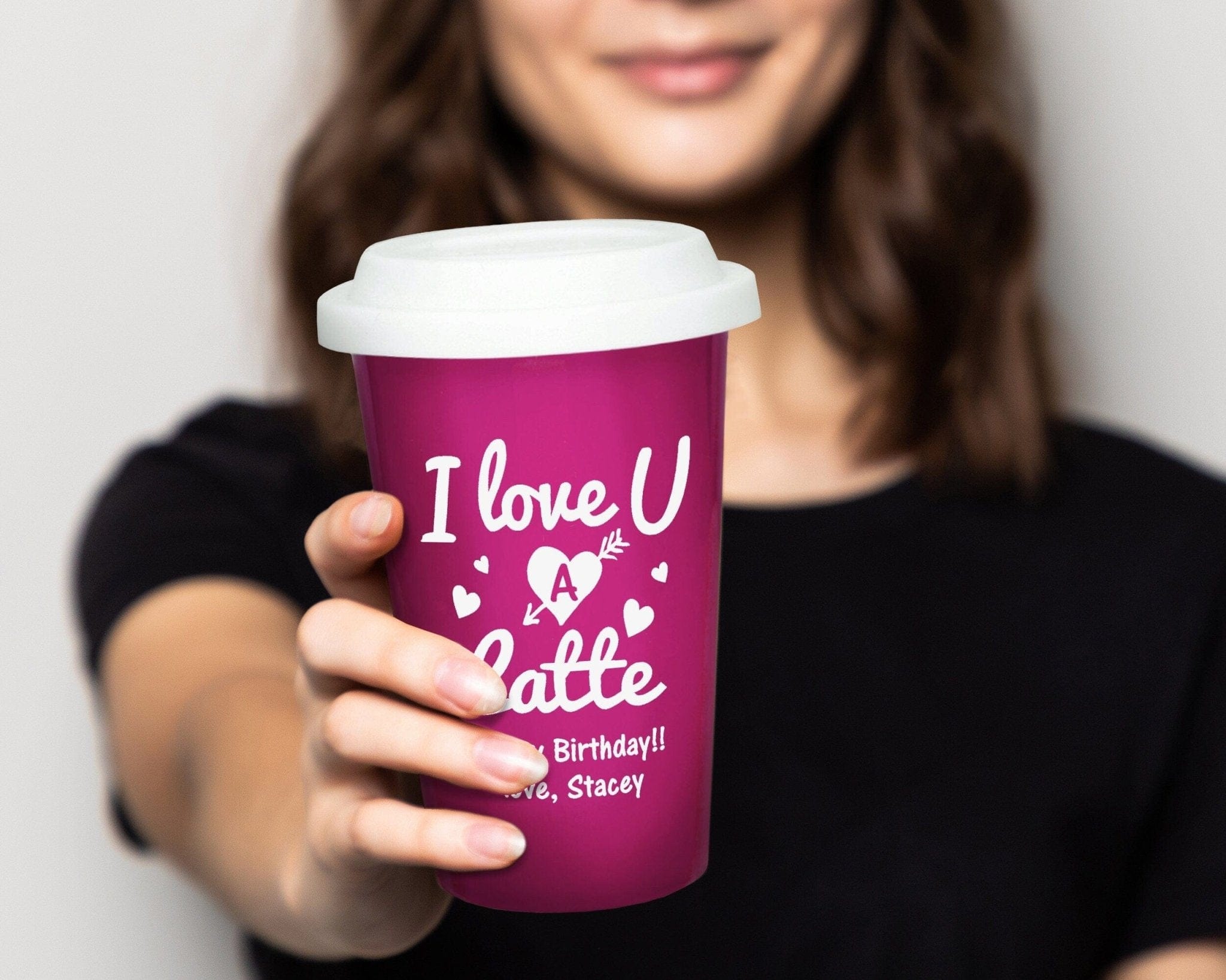 ANNIVERSARY GIFTS Engraved Custom 14oz Ceramic Coffee Mug I Love U A Latte Reusable Double Wall Travel Tumbler Cup with White Silicone Lid for Caffeine Lover