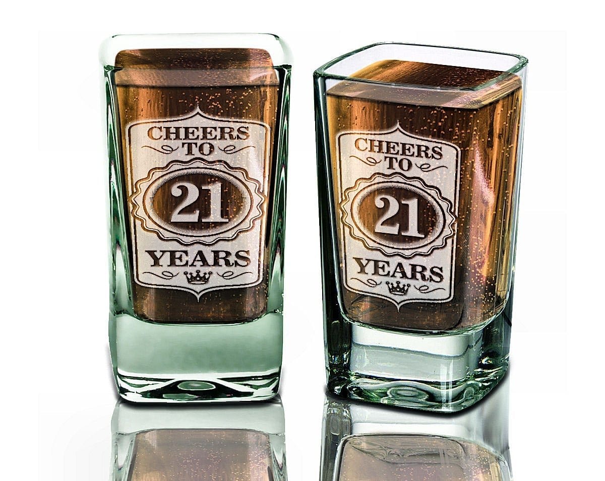 BIRTHDAY GIFTS 21st Birthday Shot Glass  Cheers to 21 Years Glass Custom Engraved Birthday Party Favor Present Guests 30th 40th 50th 60th 70th 80th Custom