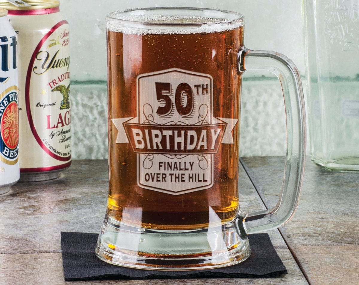 BIRTHDAY GIFTS 50th Birthday FInally over the Hill Funny Gag 16Oz Beer Stein Mug Engraved Father Gift Idea Etched Birthday from Son Daugther Present