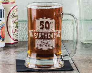 BIRTHDAY GIFTS 50th Birthday FInally over the Hill Funny Gag 16Oz Beer Stein Mug Engraved Father Gift Idea Etched Birthday from Son Daugther Present