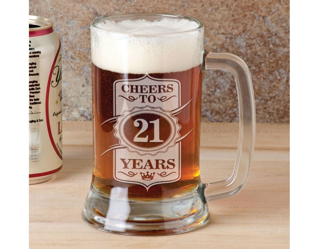 BIRTHDAY GIFTS Cheers to 21 Years 16 Oz Beer Glass Mug Stein Engraved Gift Idea Etched Birthday Gift Son Daugther Friend  Present