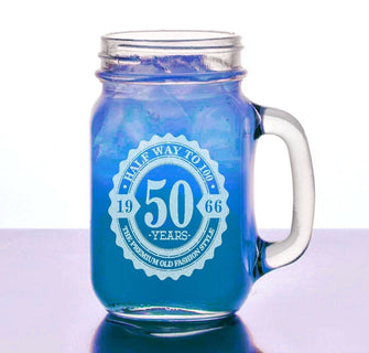 BIRTHDAY GIFTS Half Way To 100 50th Birthday Gift for Him Her 16 Oz Mason Jar Anniversary 50 Years Vintage with Date Design Mug Present for Husband, Wife