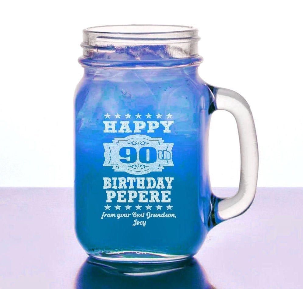 BIRTHDAY GIFTS Happy Birthday 16 oz day Mason Jars Engraved 90th 80th 70th 60th 50th 40th 30th 21st 25th Party  for Dad Mom Grandfather Grandmother Mug