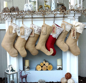 Burlap Lace Long Christmas Stockings Country Primitive Rustic Decor Personalized Christmas Stocking Embroidered Burlap Lace Name Tags