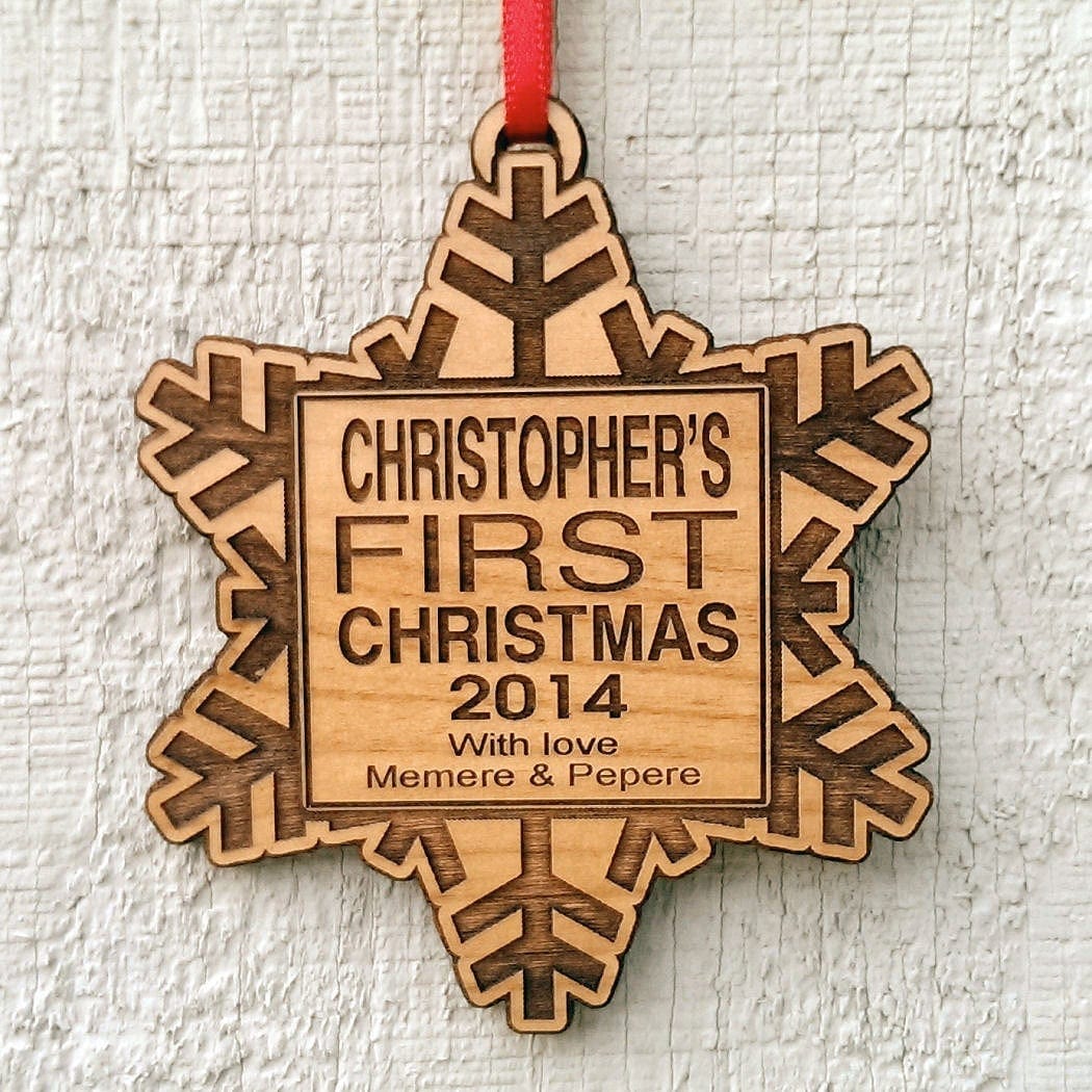 CHRISTMAS ORNAMENTS Babys First Christmas Ornament Personalized Wood Snowflake with Custom Name Engraved Wooden Ornament Snowflake Monogram From Grandparents