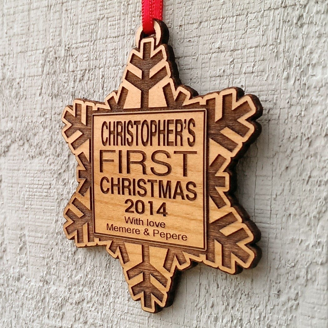 CHRISTMAS ORNAMENTS Babys First Christmas Ornament Personalized Wood Snowflake with Custom Name Engraved Wooden Ornament Snowflake Monogram From Grandparents