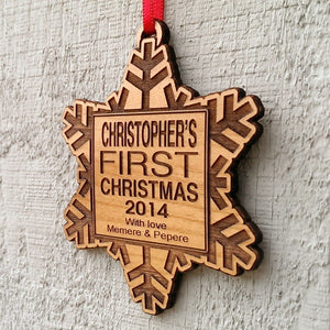 CHRISTMAS ORNAMENTS Babys First Christmas Ornament Personalized Wood Snowflake with Custom Name Engraved Wooden Ornament Snowflake Monogram From Grandparents
