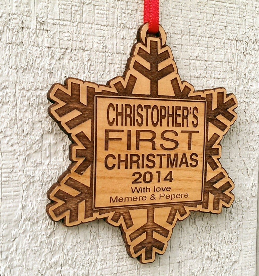 CHRISTMAS ORNAMENTS Babys First Christmas Ornament Personalized Wood Snowflake with Custom Name Engraved Wooden Ornament Snowflake Monogram From Grandparents