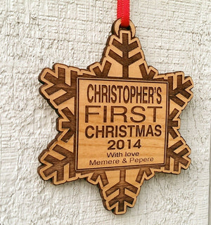 CHRISTMAS ORNAMENTS Babys First Christmas Ornament Personalized Wood Snowflake with Custom Name Engraved Wooden Ornament Snowflake Monogram From Grandparents