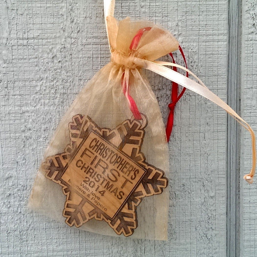 CHRISTMAS ORNAMENTS Babys First Christmas Ornament Personalized Wood Snowflake with Custom Name Engraved Wooden Ornament Snowflake Monogram From Grandparents