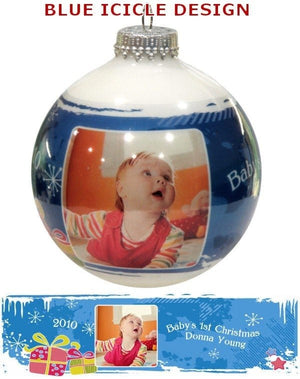 CHRISTMAS ORNAMENTS Blue Icicle Personalized Bohemian Glass Ball Photo Ornament