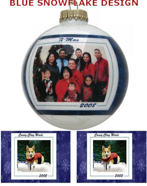 CHRISTMAS ORNAMENTS Blue Snowflakes Personalized Glass Photo Ball Ornament