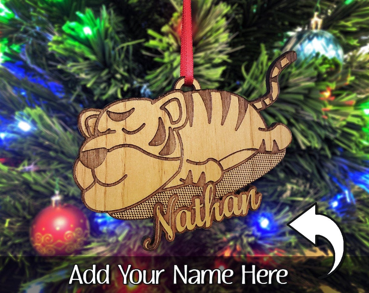 CHRISTMAS ORNAMENTS Custom Jungle Cat Tiger Engraved with Name Wood Ornament Wildlife Lion Lover Baby Shower Themed Gift Birthday Gift for Daughter Personalized
