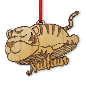 CHRISTMAS ORNAMENTS Custom Jungle Cat Tiger Engraved with Name Wood Ornament Wildlife Lion Lover Baby Shower Themed Gift Birthday Gift for Daughter Personalized