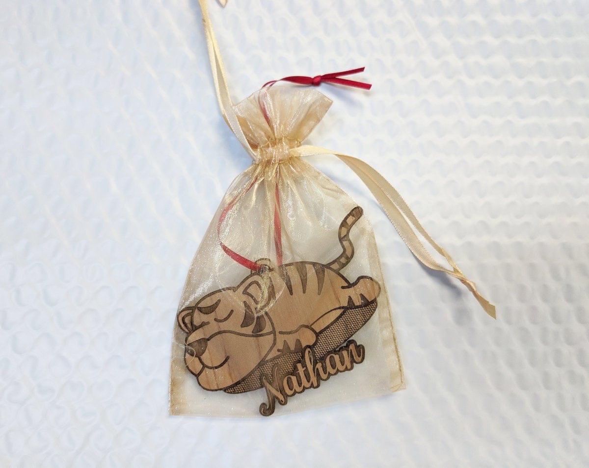 CHRISTMAS ORNAMENTS Custom Jungle Cat Tiger Engraved with Name Wood Ornament Wildlife Lion Lover Baby Shower Themed Gift Birthday Gift for Daughter Personalized