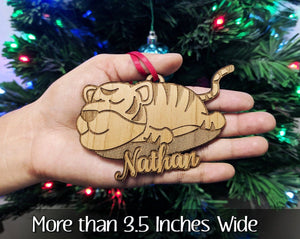 CHRISTMAS ORNAMENTS Custom Jungle Cat Tiger Engraved with Name Wood Ornament Wildlife Lion Lover Baby Shower Themed Gift Birthday Gift for Daughter Personalized