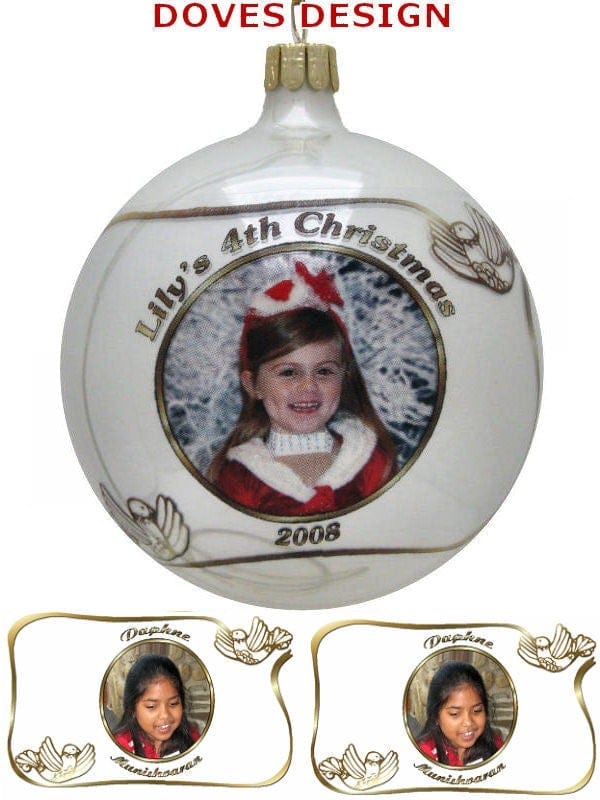 CHRISTMAS ORNAMENTS Golden Doves Personalized Glass Photo Ball Ornament