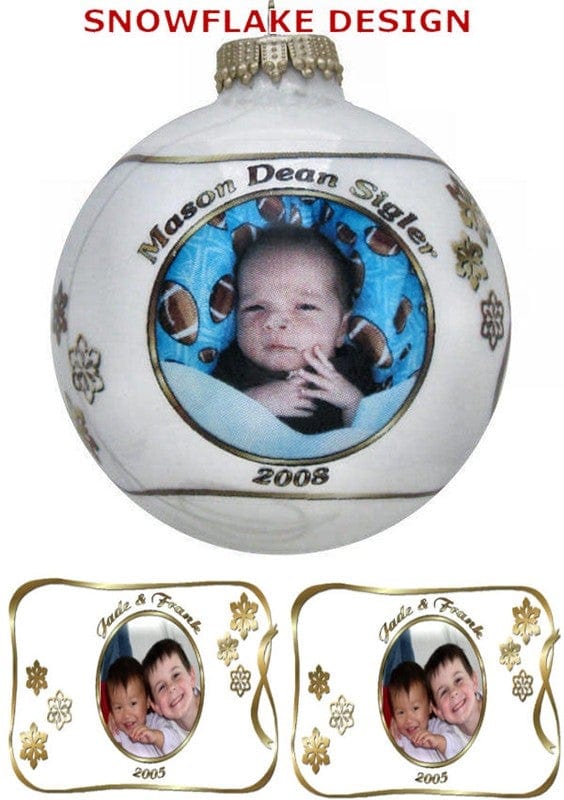 CHRISTMAS ORNAMENTS Golden Snowflakes Personalized Glass Photo Ball Ornament