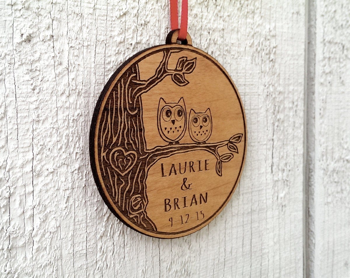 CHRISTMAS ORNAMENTS Love Birds Owl Heart Personalized Christmas Ornament for Him Her Couples Gift Christmas Ornament Lover Personalized Names Date Tree Trunk