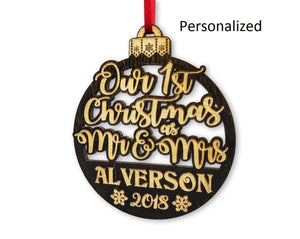 CHRISTMAS ORNAMENTS Our 1st Christmas as Mr Mrs Tree Ornament Wedding Favor for Bride Groom Newlyweds Couples First Christmas New House GIft Idea Engraved Wood
