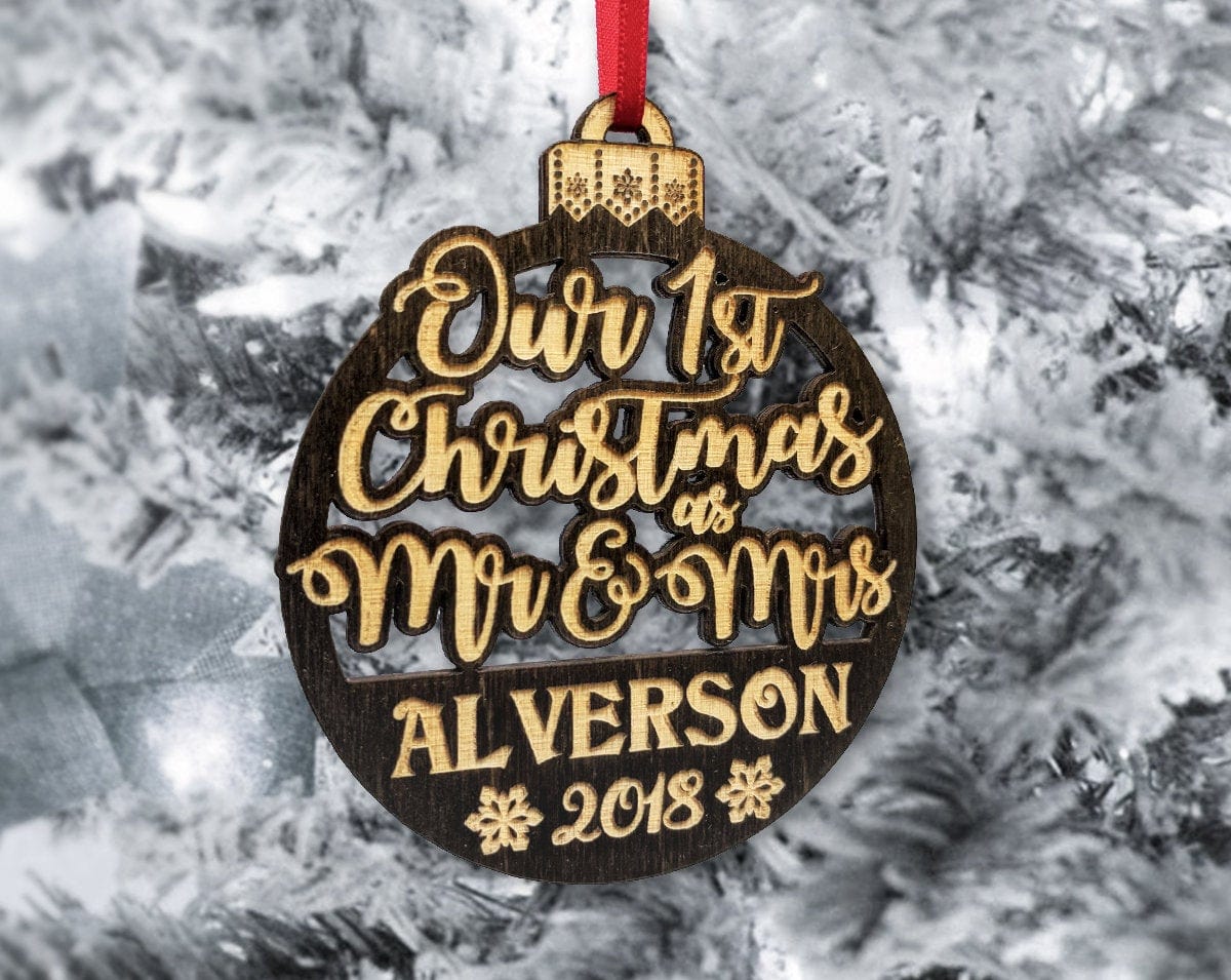 CHRISTMAS ORNAMENTS Our 1st Christmas as Mr Mrs Tree Ornament Wedding Favor for Bride Groom Newlyweds Couples First Christmas New House GIft Idea Engraved Wood