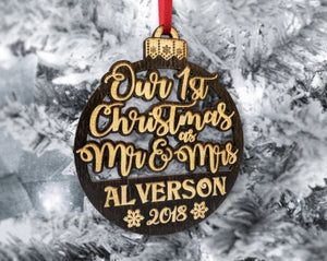 CHRISTMAS ORNAMENTS Our 1st Christmas as Mr Mrs Tree Ornament Wedding Favor for Bride Groom Newlyweds Couples First Christmas New House GIft Idea Engraved Wood