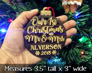 CHRISTMAS ORNAMENTS Our 1st Christmas as Mr Mrs Tree Ornament Wedding Favor for Bride Groom Newlyweds Couples First Christmas New House GIft Idea Engraved Wood