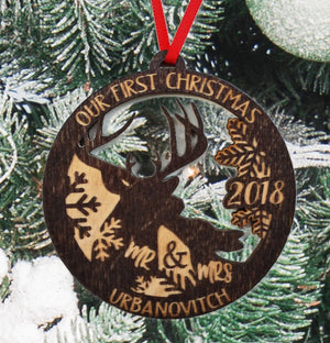 CHRISTMAS ORNAMENTS Our First Christmas Ornament Deer Wood Married Mr & Mrs Personalized Christmas Ornament, 1st Christmas Ornaments Newlywed Gift Idea Wedding