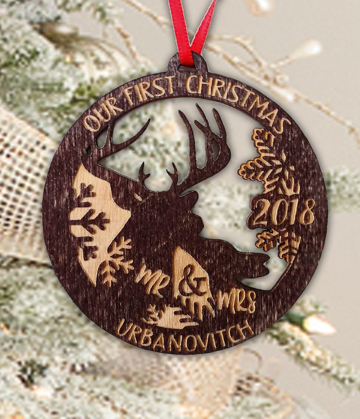 CHRISTMAS ORNAMENTS Our First Christmas Ornament Deer Wood Married Mr & Mrs Personalized Christmas Ornament, 1st Christmas Ornaments Newlywed Gift Idea Wedding