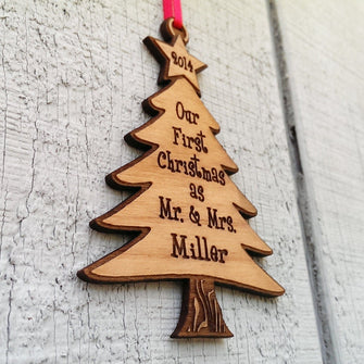 CHRISTMAS ORNAMENTS Our First Christmas Tree Ornament as Mr and Mrs Laser Wood Engraved Personalized for him her perfect gift for newlywed just married couple.