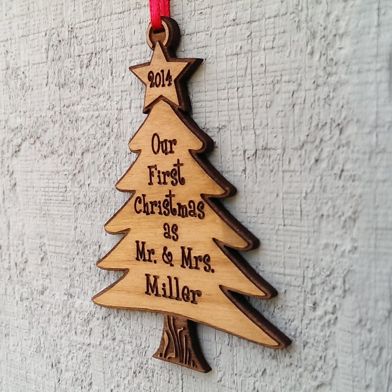 CHRISTMAS ORNAMENTS Our First Christmas Tree Ornament as Mr and Mrs Laser Wood Engraved Personalized for him her perfect gift for newlywed just married couple.