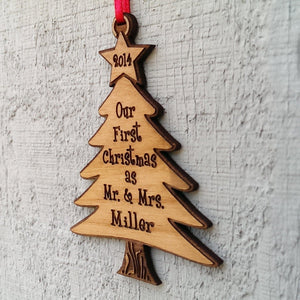 CHRISTMAS ORNAMENTS Our First Christmas Tree Ornament as Mr and Mrs Laser Wood Engraved Personalized for him her perfect gift for newlywed just married couple.