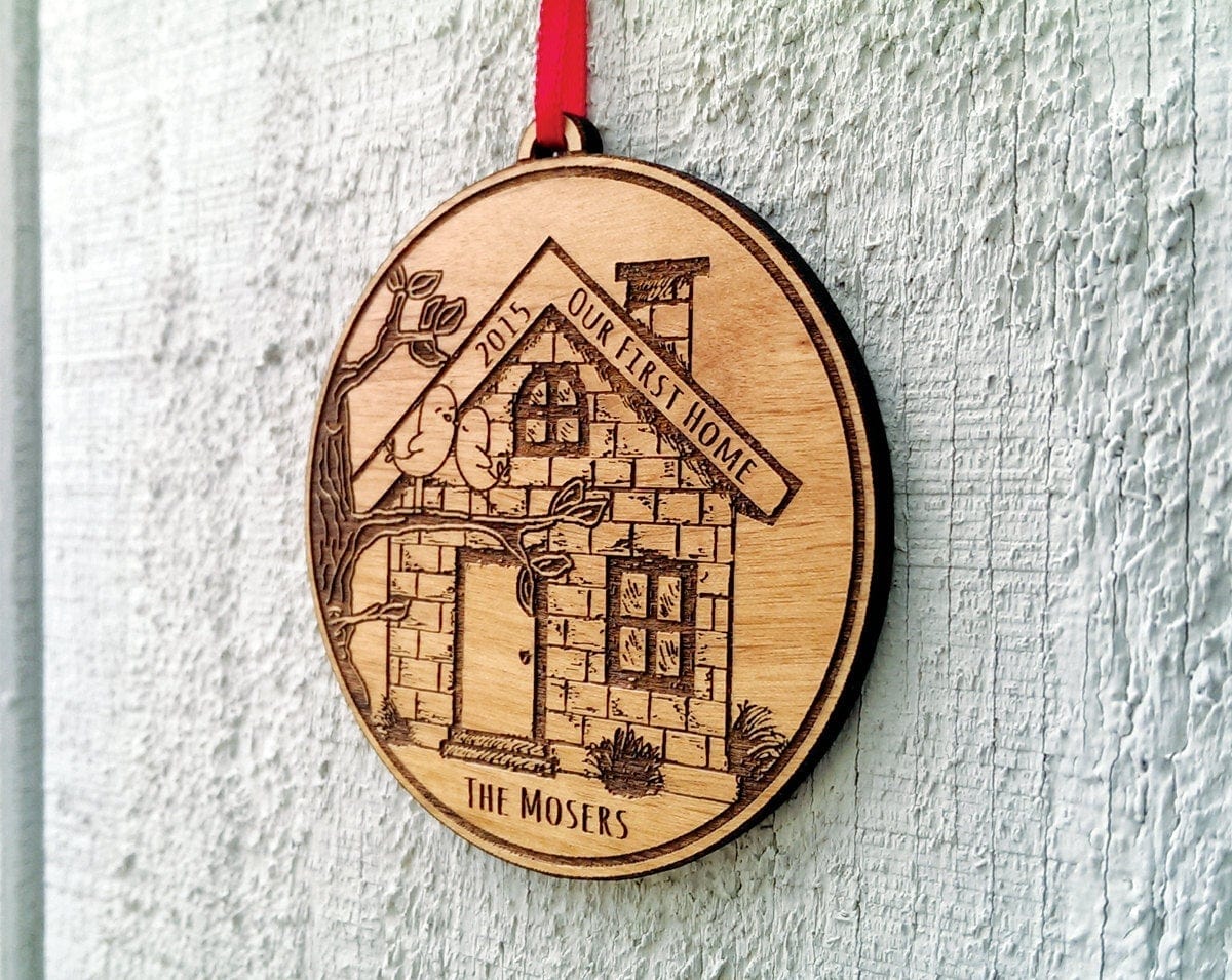 CHRISTMAS ORNAMENTS Our First Home Christmas Ornament First House Ornament Personalized Christmas Ornament Engraved with Family Names and Initials Wood Ornament