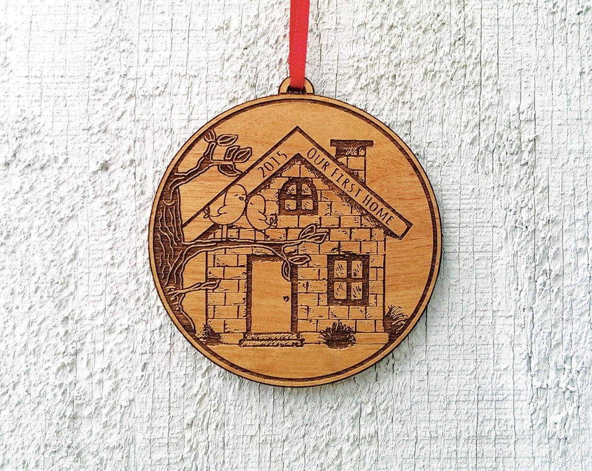 CHRISTMAS ORNAMENTS Our First Home Christmas Ornament First House Ornament Personalized Christmas Ornament Engraved with Family Names and Initials Wood Ornament