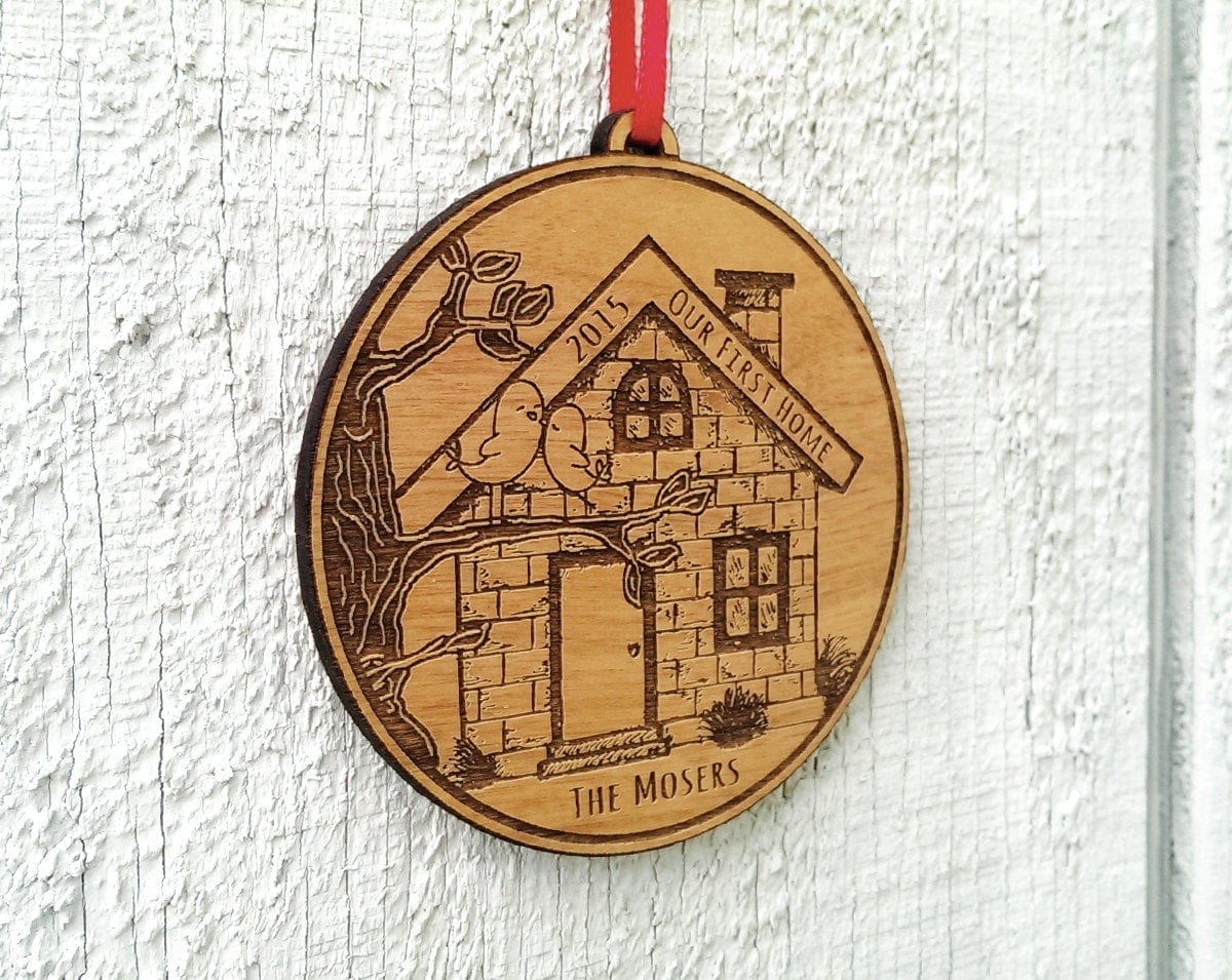 CHRISTMAS ORNAMENTS Our First Home Christmas Ornament First House Ornament Personalized Christmas Ornament Engraved with Family Names and Initials Wood Ornament