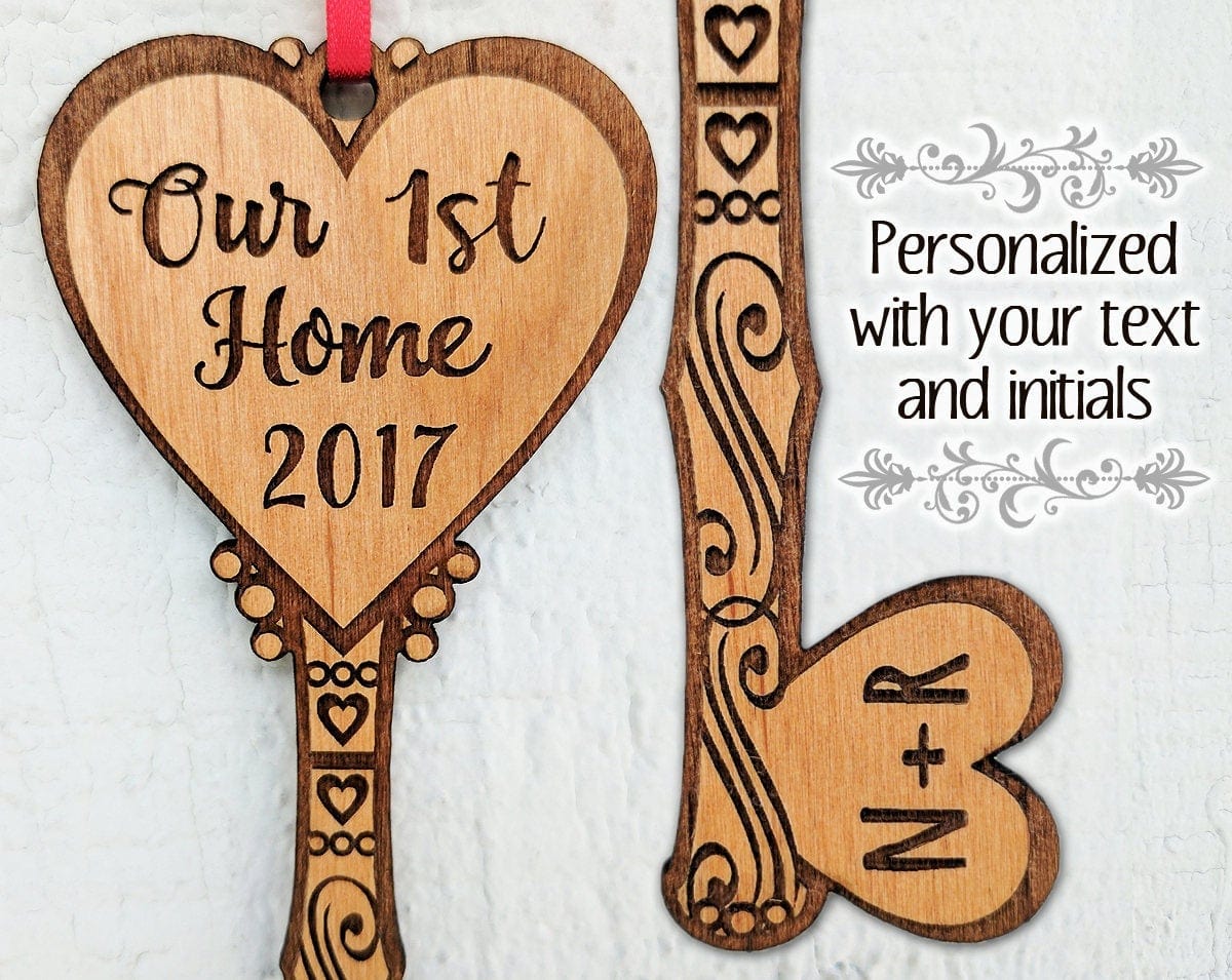 CHRISTMAS ORNAMENTS Our FIRST Home Key Ornament Personalized House Custom Wood Key Ornament Couples Housewarming Home Decor First Christmas in Our New Home Gift