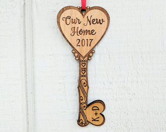 CHRISTMAS ORNAMENTS Our NEW Home Key House Custom Ornament Couples Housewarming Home Decor Personalized Wood Key Ornament First Christmas in Our New Home Gift
