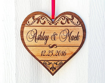CHRISTMAS ORNAMENTS Personalized Christmas Heart Wood Ornament with Names and Date for Holiday Party, Wedding Gift, Engagement Announcement, Wedding Invitation