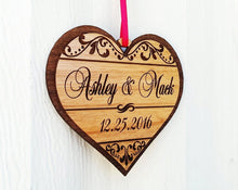CHRISTMAS ORNAMENTS Personalized Christmas Heart Wood Ornament with Names and Date for Holiday Party, Wedding Gift, Engagement Announcement, Wedding Invitation