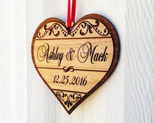 CHRISTMAS ORNAMENTS Personalized Christmas Heart Wood Ornament with Names and Date for Holiday Party, Wedding Gift, Engagement Announcement, Wedding Invitation