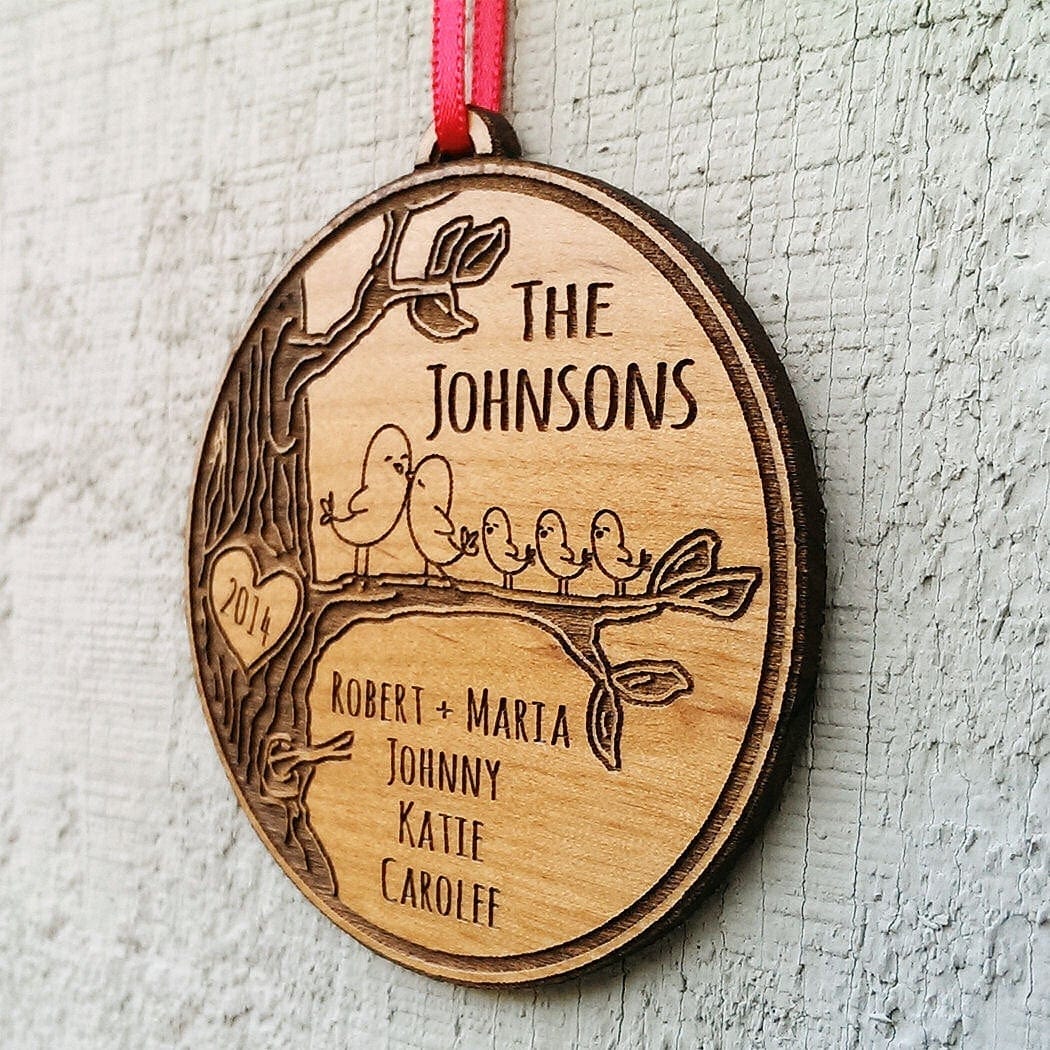 CHRISTMAS ORNAMENTS Personalized Family Christmas Ornament  Gift Christmas Ornament  Personalized Names Date Tree Trunk Love Birds Custom Engraved Wood Holiday