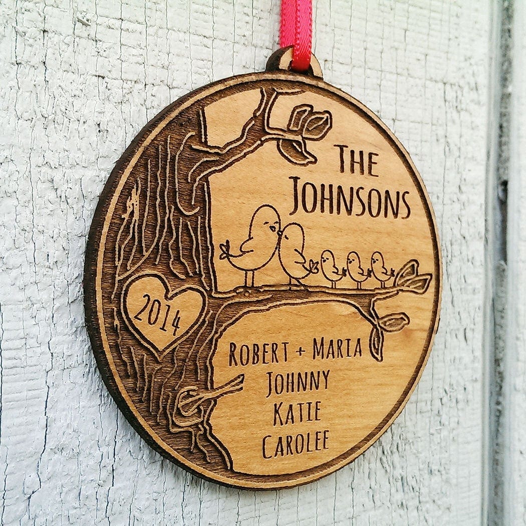 CHRISTMAS ORNAMENTS Personalized Family Christmas Ornament  Gift Christmas Ornament  Personalized Names Date Tree Trunk Love Birds Custom Engraved Wood Holiday