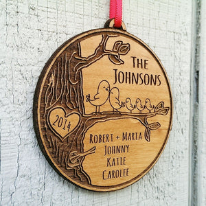 CHRISTMAS ORNAMENTS Personalized Family Christmas Ornament  Gift Christmas Ornament  Personalized Names Date Tree Trunk Love Birds Custom Engraved Wood Holiday