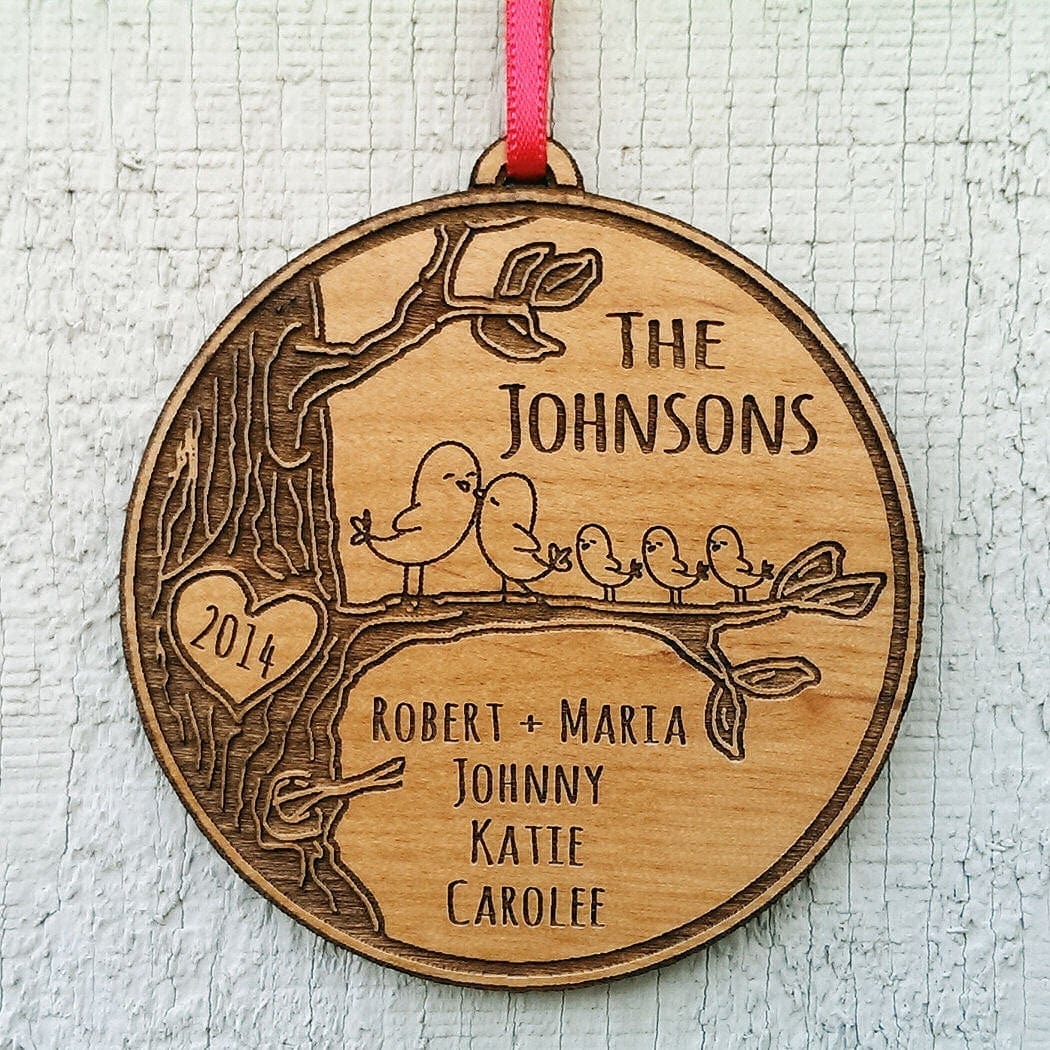CHRISTMAS ORNAMENTS Personalized Family Christmas Ornament  Gift Christmas Ornament  Personalized Names Date Tree Trunk Love Birds Custom Engraved Wood Holiday