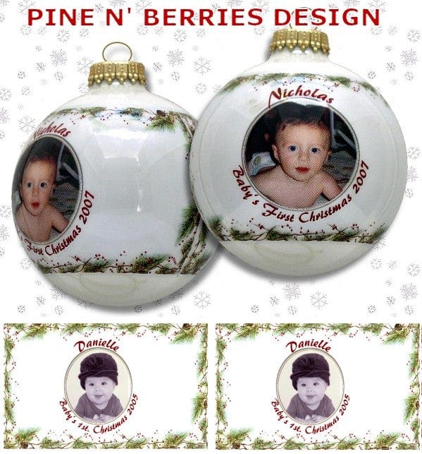 CHRISTMAS ORNAMENTS Pine and Berries Personalized Glass Photo Ball Ornament