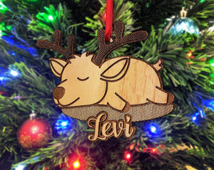 CHRISTMAS ORNAMENTS Wooden Cute Sleeping Deer Personalized Christmas Ornament for Kids Girls Or Boys Cute Customized Reindeer Christmas 2020 Gift Idea