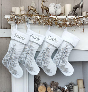CHRISTMAS STOCKINGS 18.5" Personalized Christmas Stockings Silver White Velvet silver ribbon bead work Christmas stocking embroidered names velvet stockings