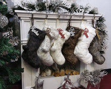 CHRISTMAS STOCKINGS 20" 21" 23" Faux Fur Christmas Stockings Ivory Brown Grey Personalized with Cutout Wood Name Tag PomPoms Lodge Woodland Custom Xmas Decor